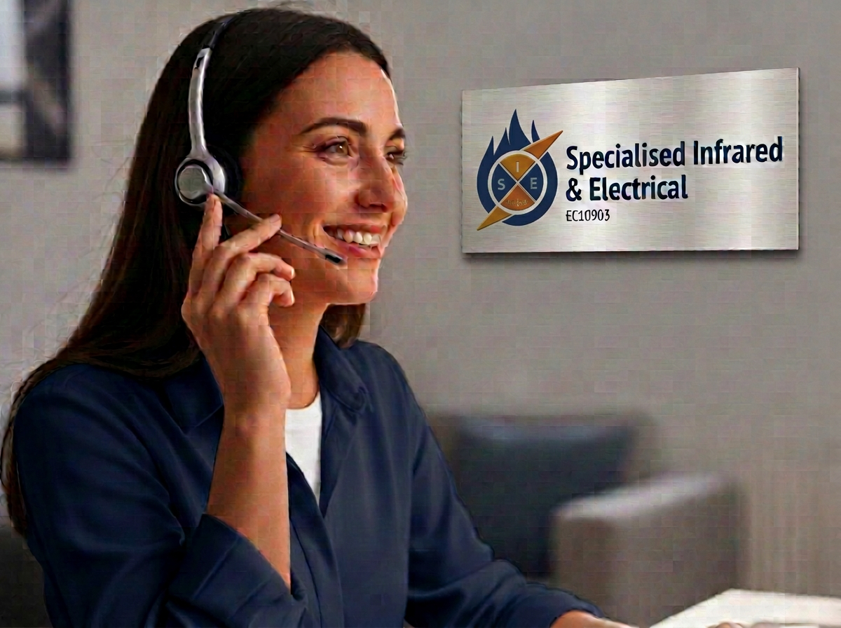 Specialised Infrared & Electrical team member in a navy branded blouse taking a customer call