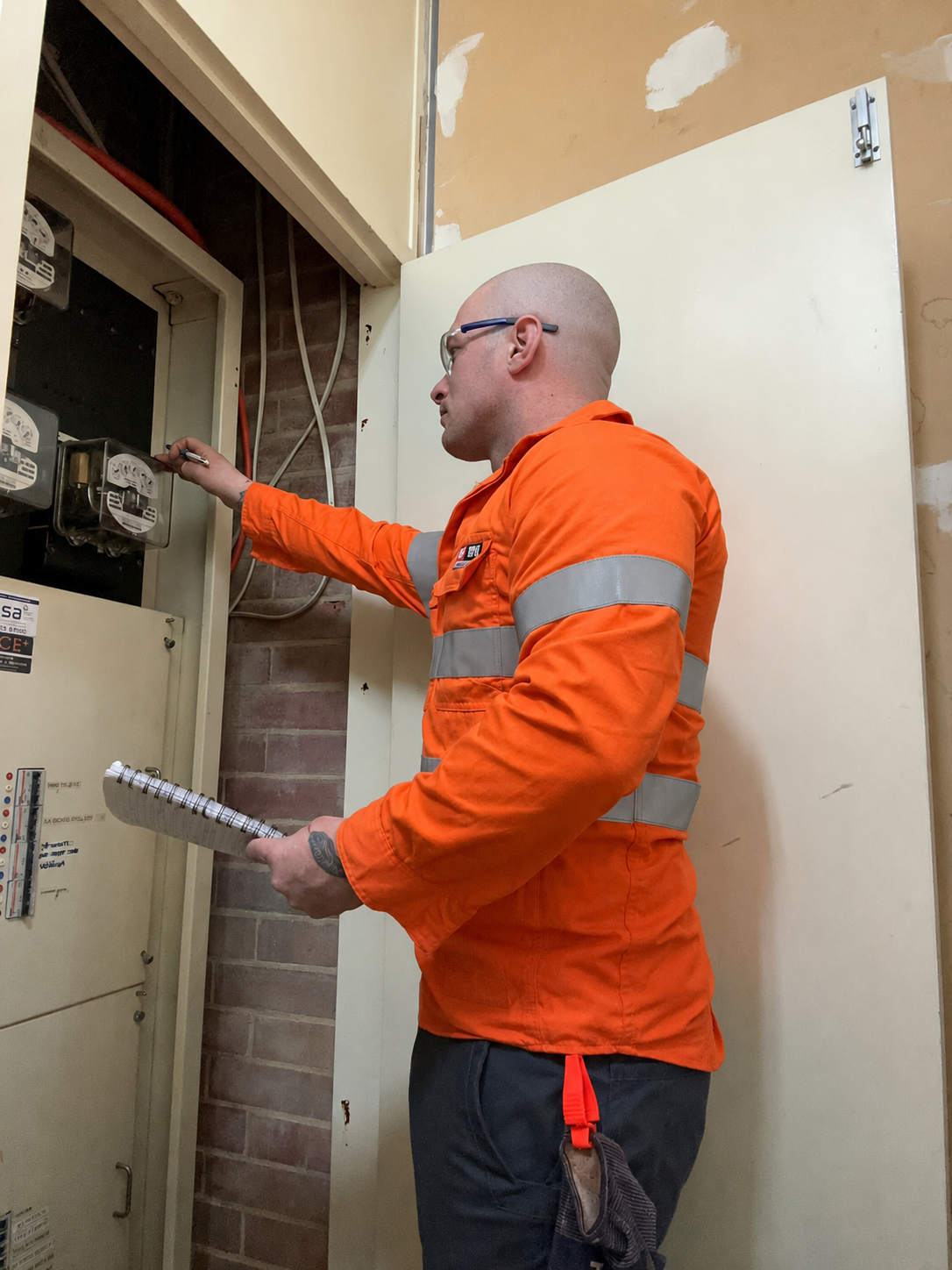 Electrician checking a meter inside a switchboard
