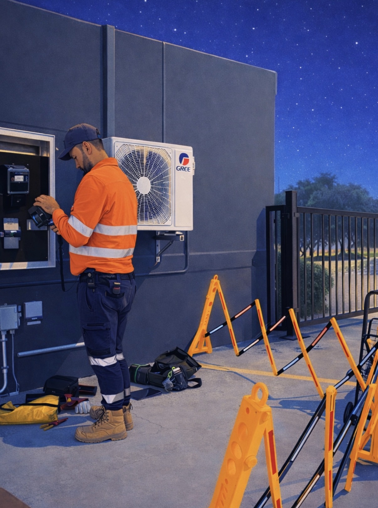 Electrician using a thermal camera on a meter panel at night