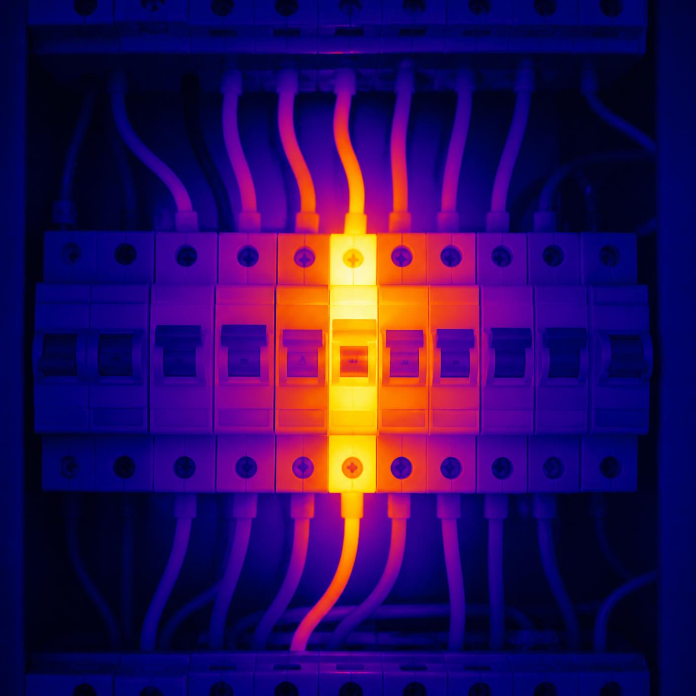 Thermal image of a distribution board with one circuit breaker glowing hot